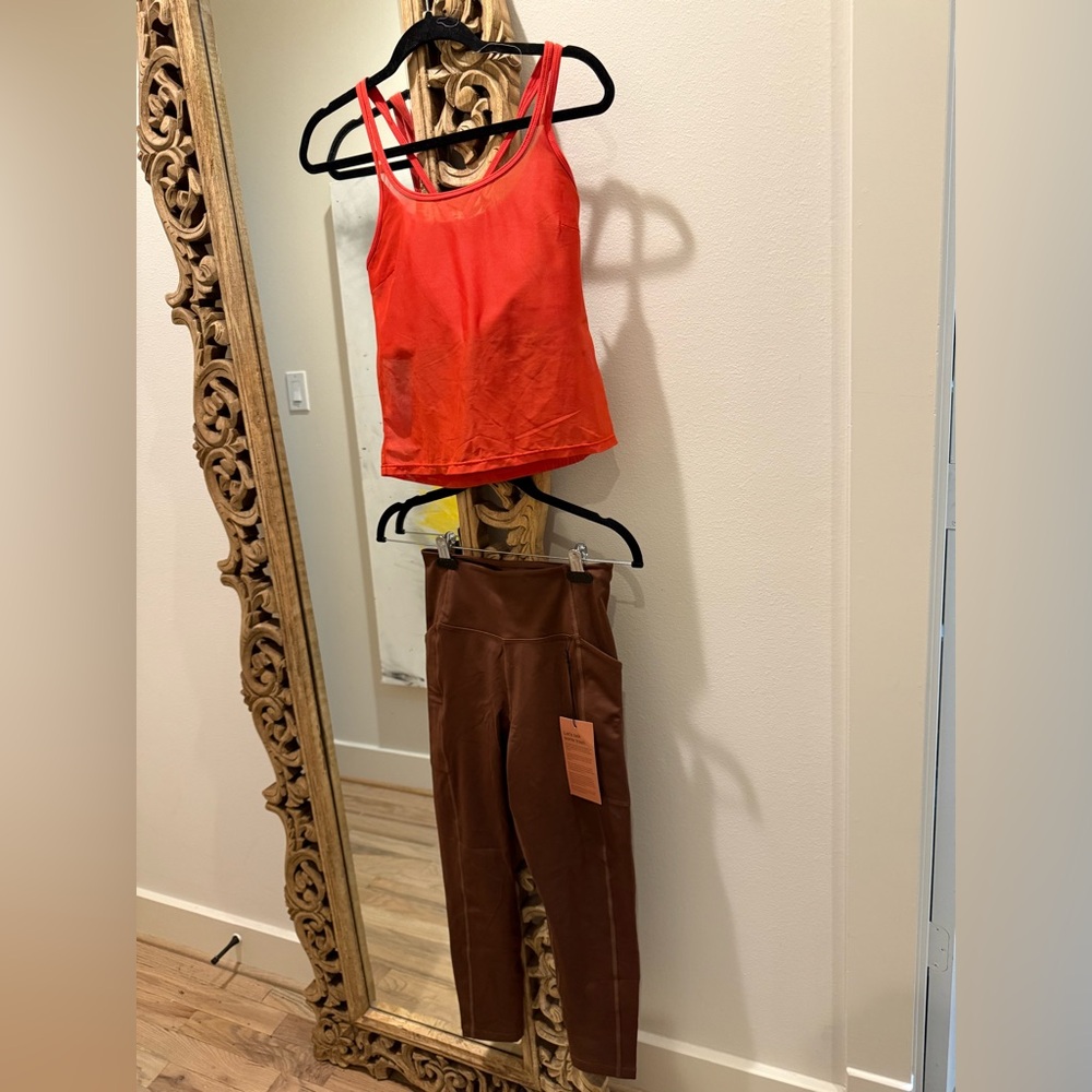 Girlfriend Collective Red Top and Brown Leggings Bundle Small NWT
